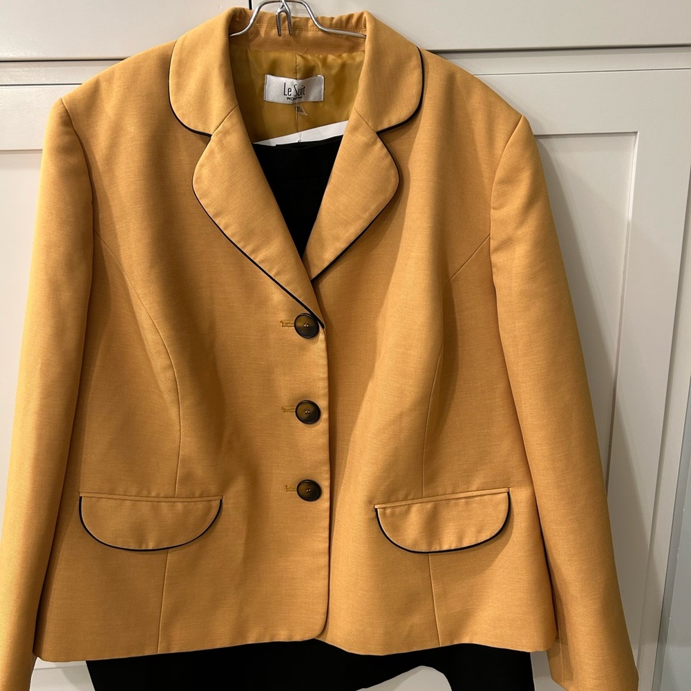 Le Suit Mustard Suit Blazer with Black Trim and Black Skirt
